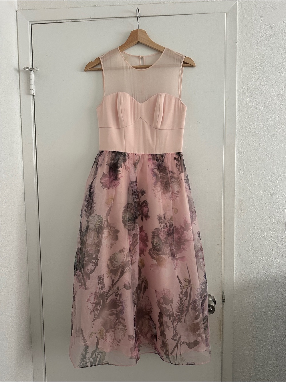Ted Baker Faunia Blush Pink Floral Mesh Bodice Midi Dress